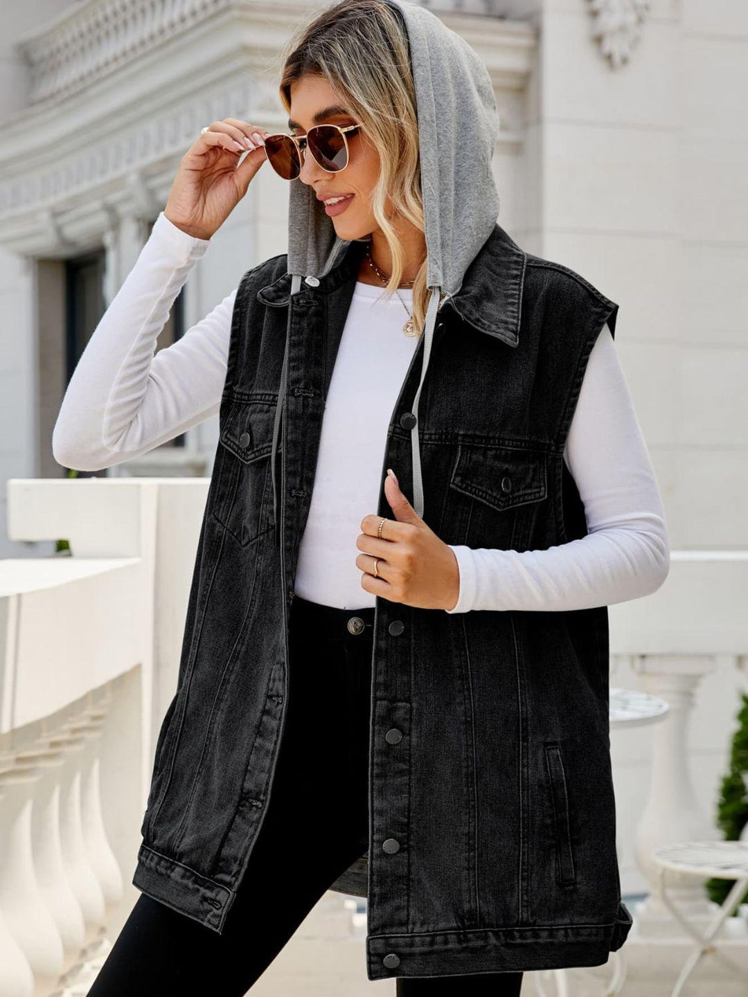 Drawstring Hooded Sleeveless Denim Top with Pockets - BELLATRENDZ