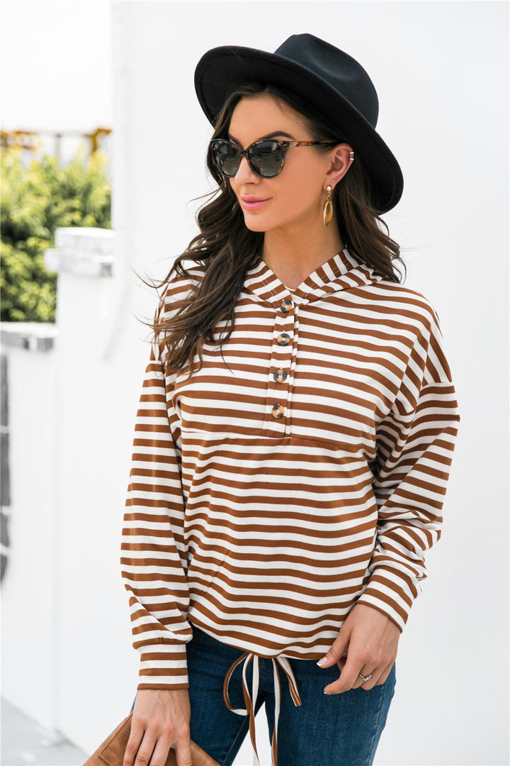 Striped Half-Button Dropped Shoulder Hoodie - BELLATRENDZ