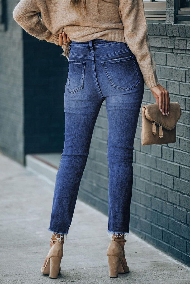 High Waist Raw Hem Skinny Jeans - BELLATRENDZ