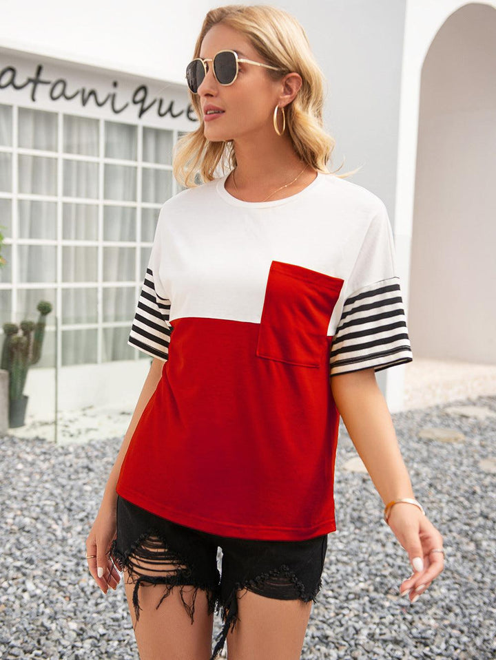 Striped Color Block Round Neck Tee - BELLATRENDZ