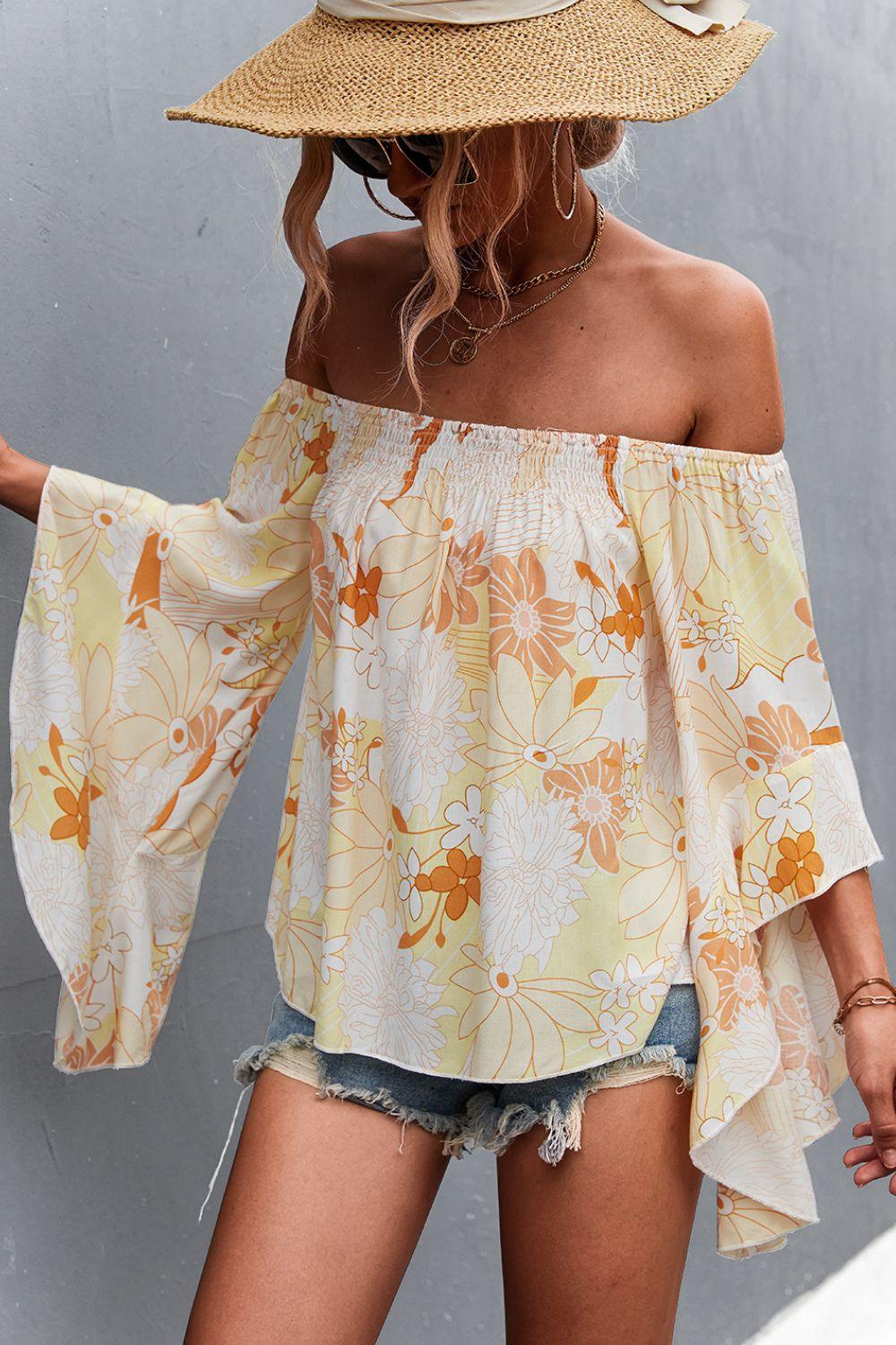 Floral Bell Sleeve Off-Shoulder Blouse - BELLATRENDZ