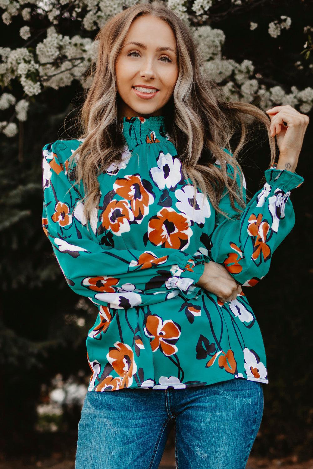 Floral Smocked Mock Neck Flounce Sleeve Blouse - BELLATRENDZ