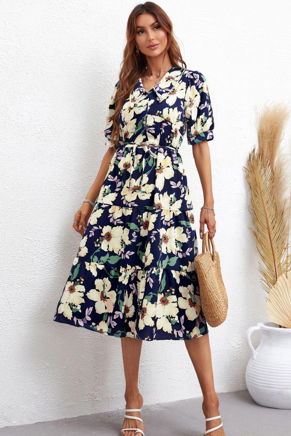 Floral Collared Neck Tiered Midi Dress