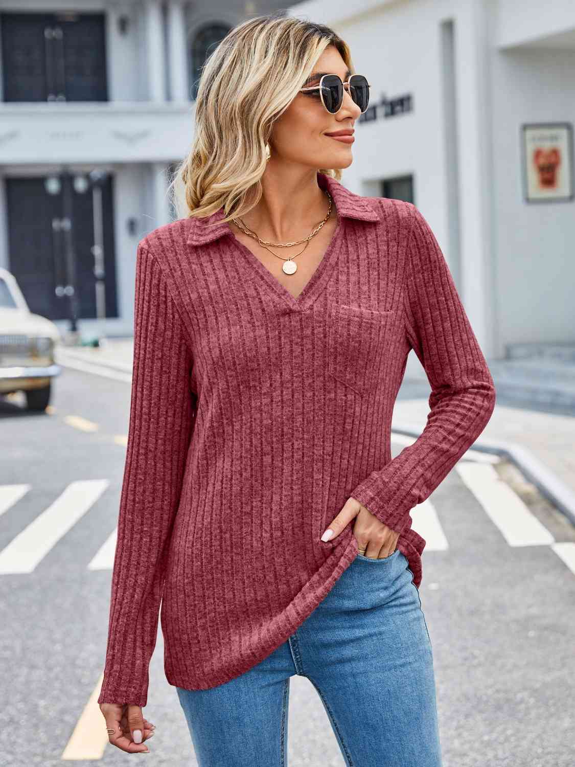 Ribbed Notched Long Sleeve T-Shirt with Pocket