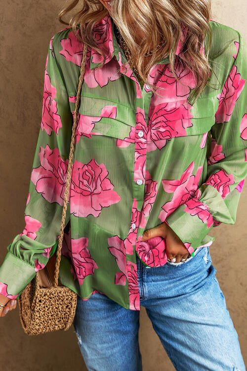 Flower Collared Neck Long Sleeve Shirt