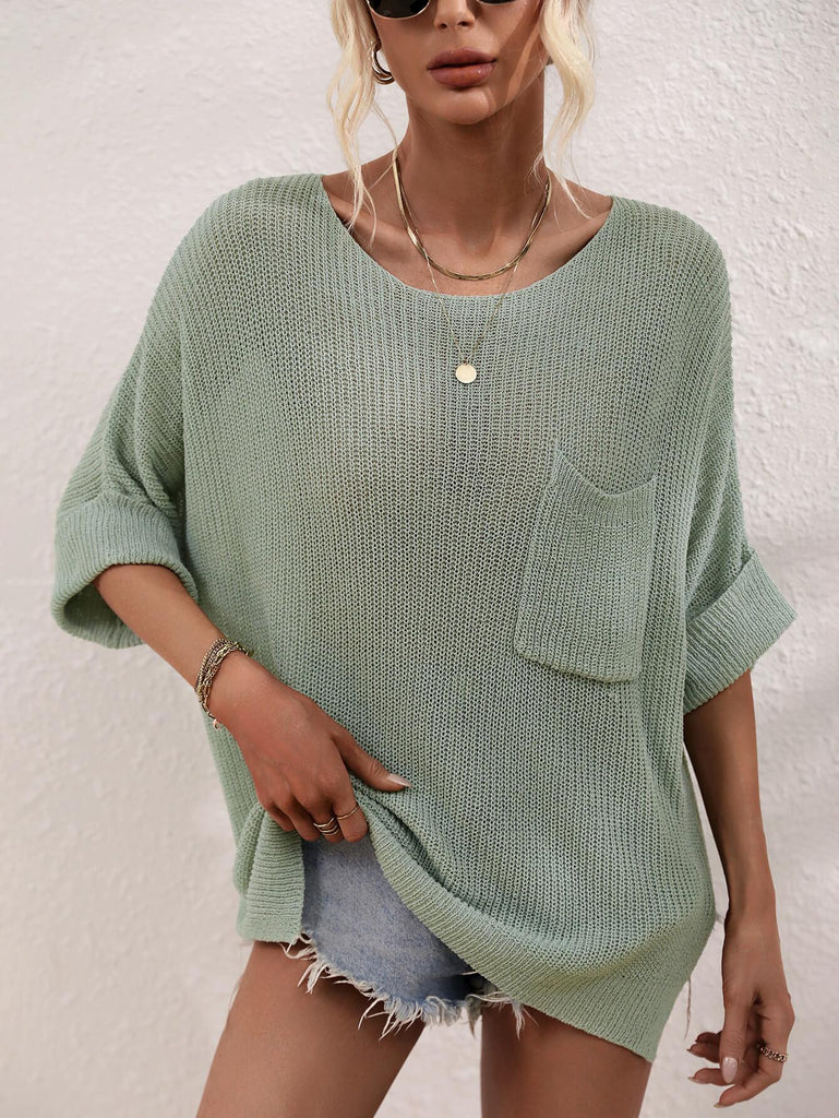 Boat Neck Cuffed Sleeve Slit Tunic Knit Top - BELLATRENDZ