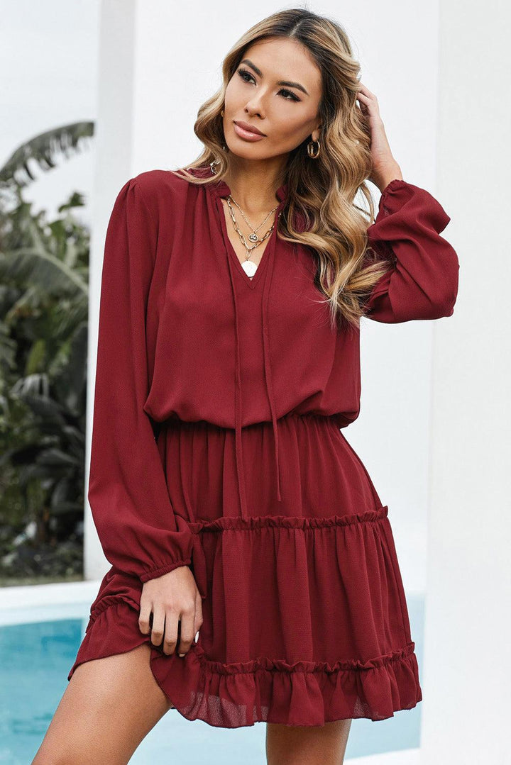 Tied Frill Trim Puff Sleeve Mini Dress - BELLATRENDZ