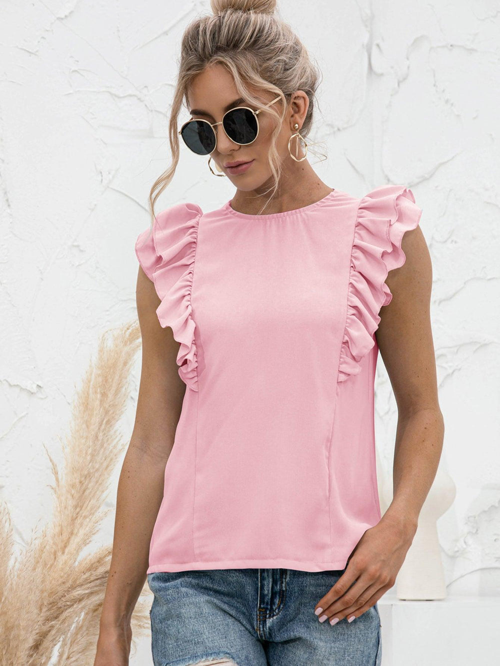 Round Neck Tied Open Back Flutter Sleeve Top - BELLATRENDZ