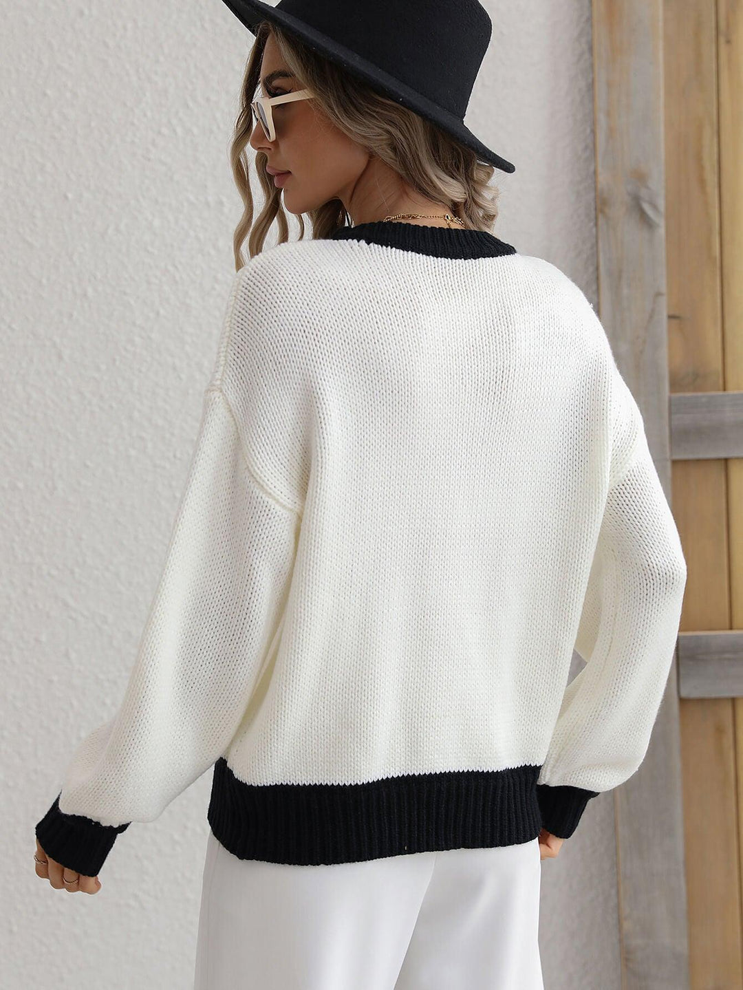 Contrast Trim Drop Shoulder Pullover Sweater - BELLATRENDZ