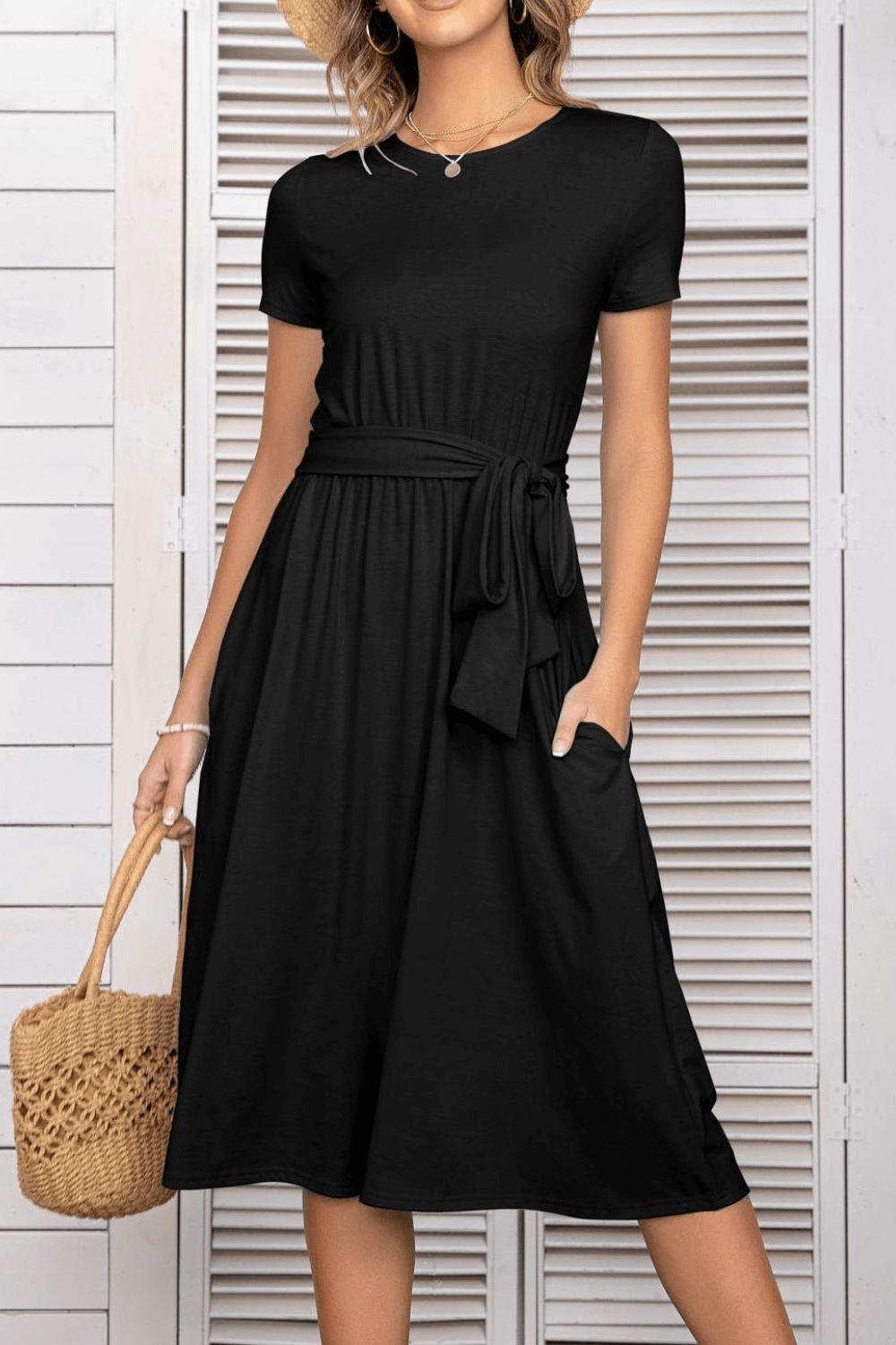 Belted Tee Dress With Pockets - BELLATRENDZ