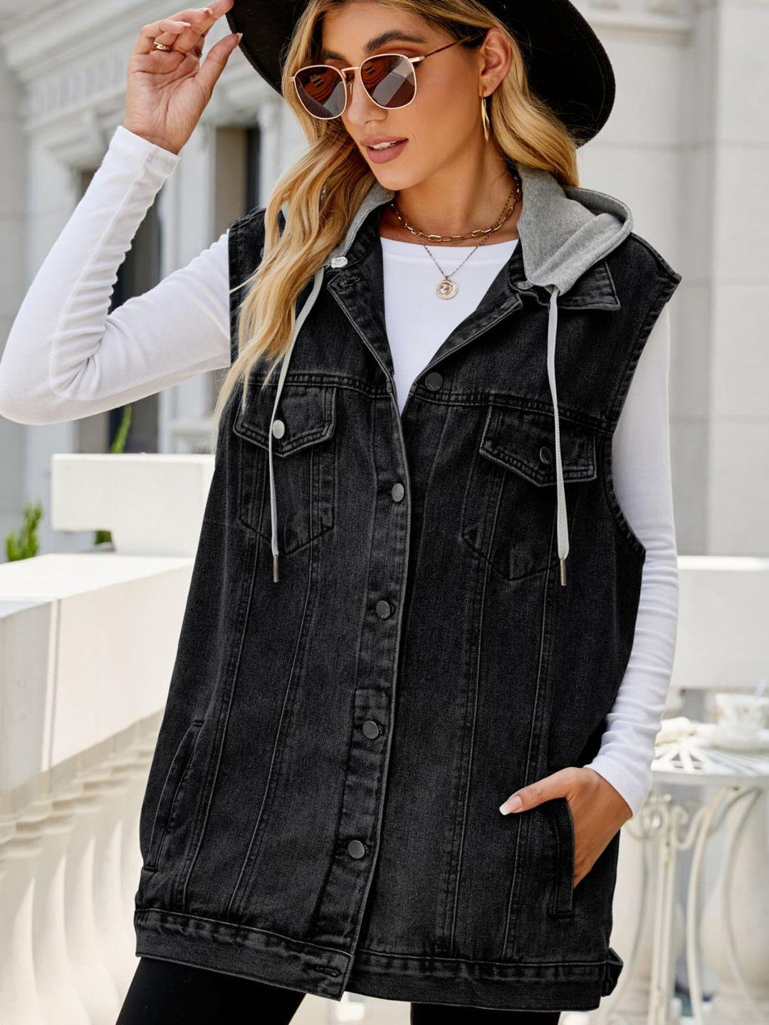 Drawstring Hooded Sleeveless Denim Top with Pockets - BELLATRENDZ