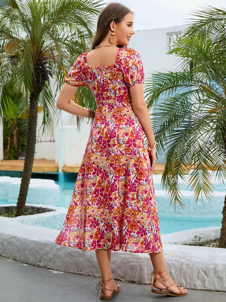 Floral Square Neck Short Sleeve Midi Dress - BELLATRENDZ