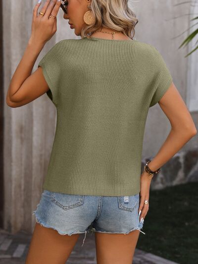 Pocketed Round Neck Cap Sleeve Sweater