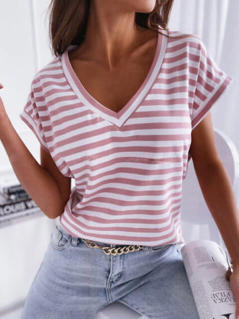 Striped V-Neck Short Sleeve T-Shirt