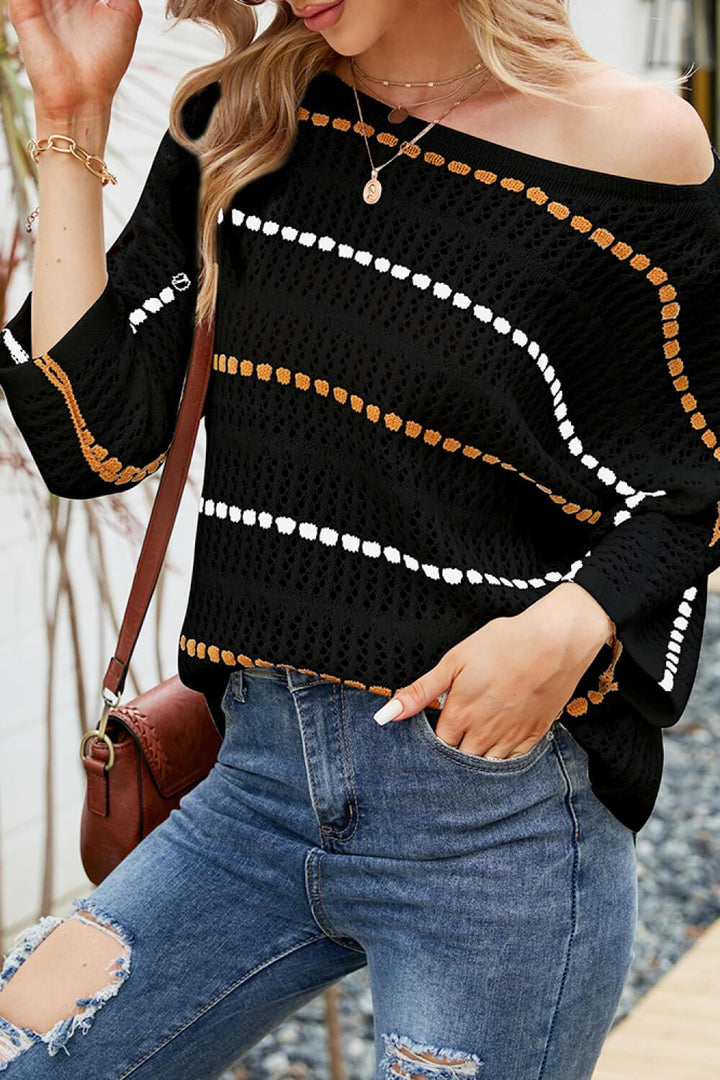 Striped Openwork Three-Quarter Sleeve Knit Top - BELLATRENDZ