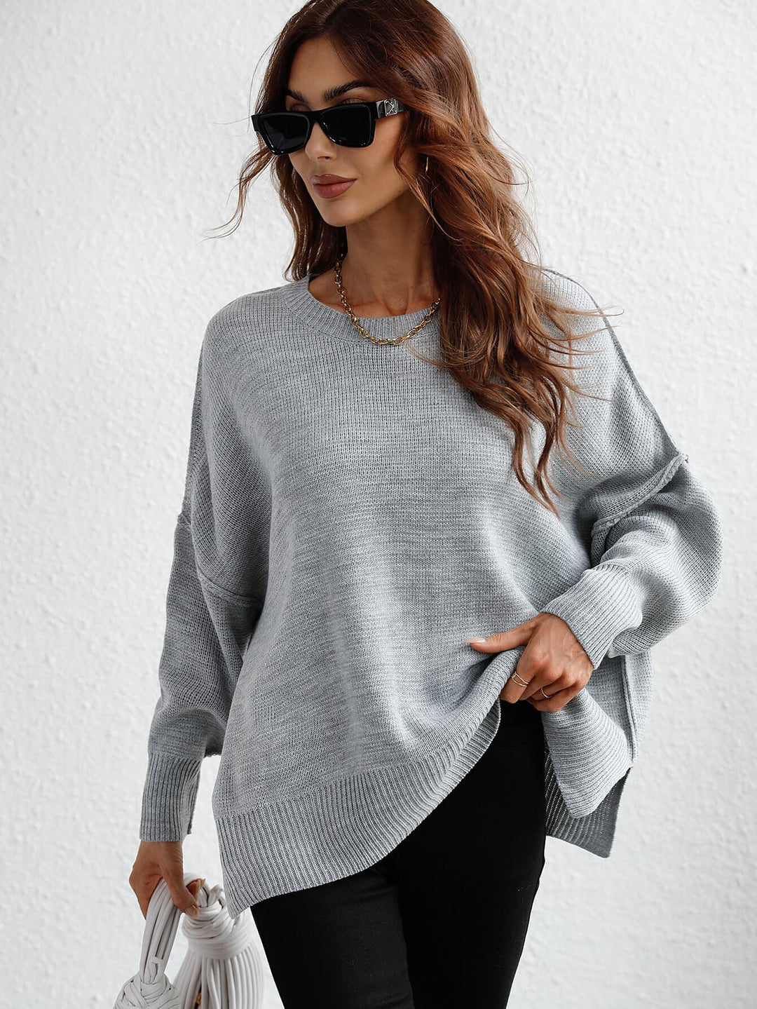 Exposed Seam Dropped Shoulder Slit Sweater - BELLATRENDZ