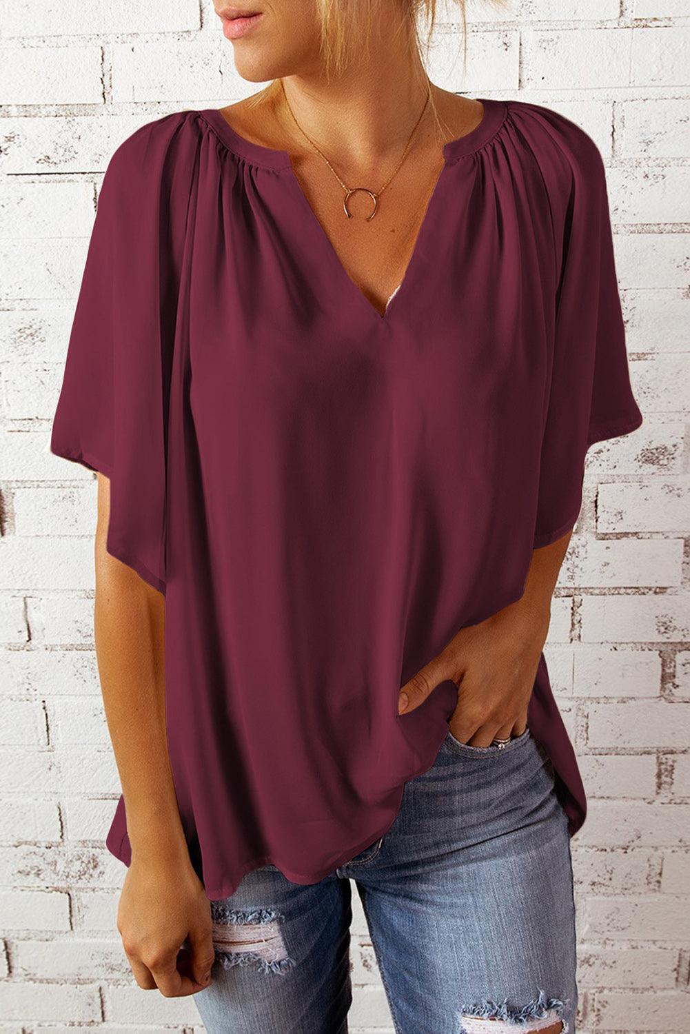 Gathered Detail Notched Neck Flutter Sleeve Top - BELLATRENDZ