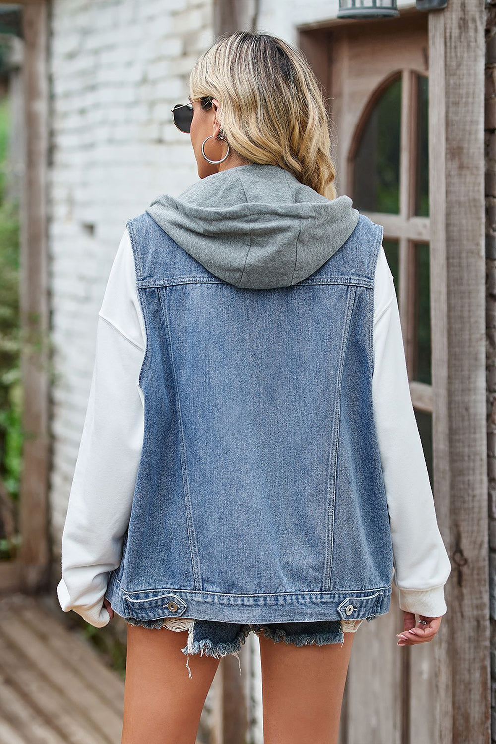 Drawstring Hooded Sleeveless Denim Jacket Misty Blue / S