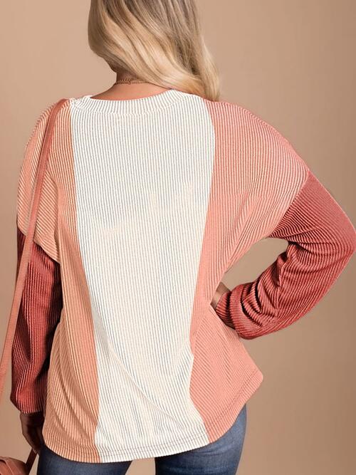 Color Block Ribbed Long Sleeve T-Shirt