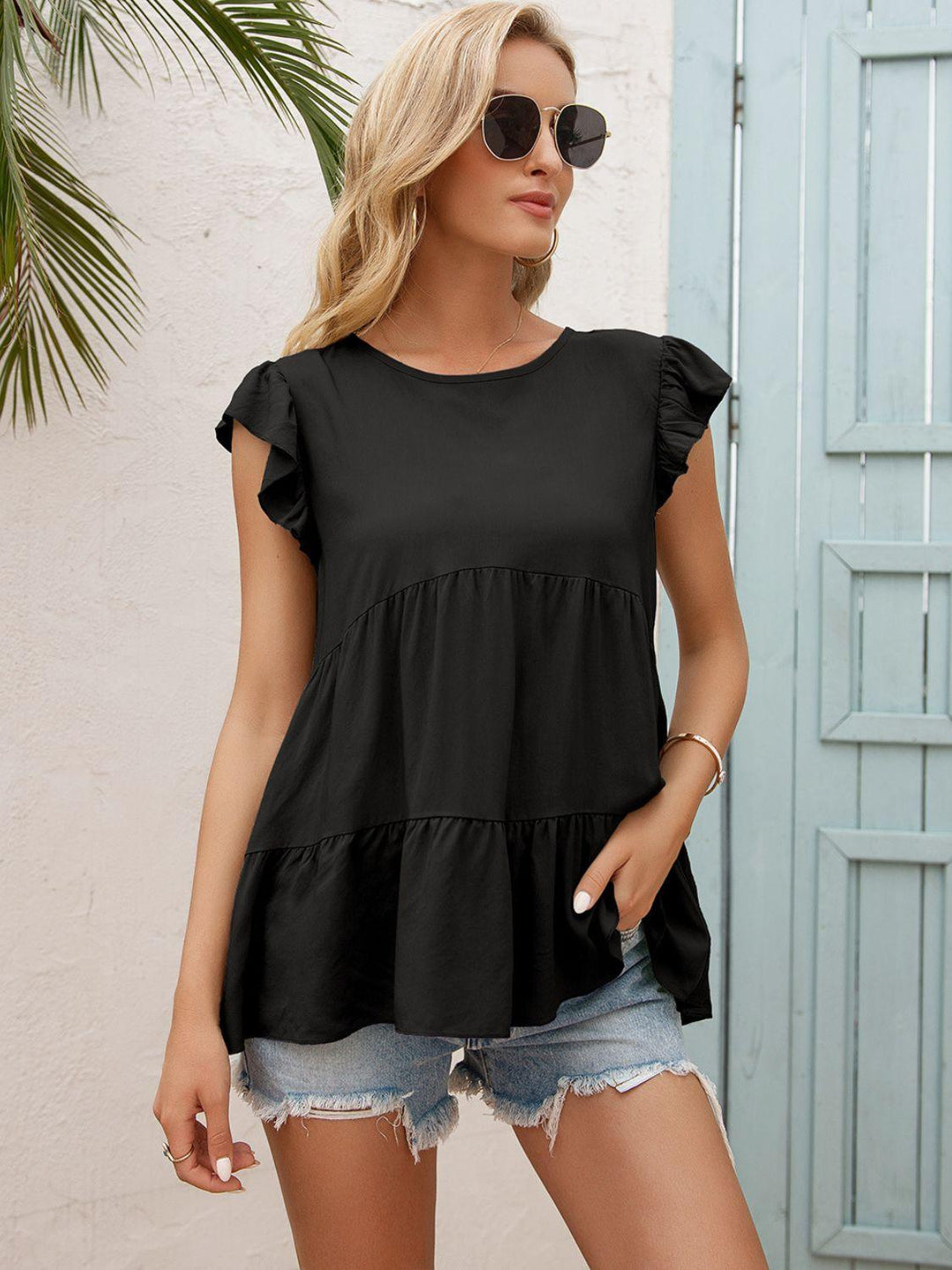 Round Neck Flutter Sleeve Tiered Blouse - BELLATRENDZ