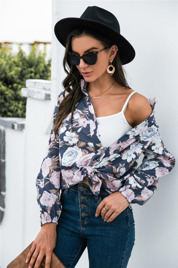 Floral Print Mock Neck Button Front Shirt - BELLATRENDZ