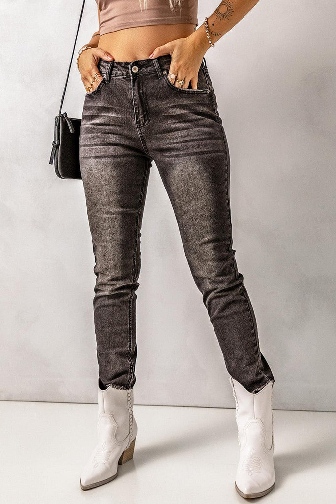 High Waist Raw Hem Skinny Jeans - BELLATRENDZ