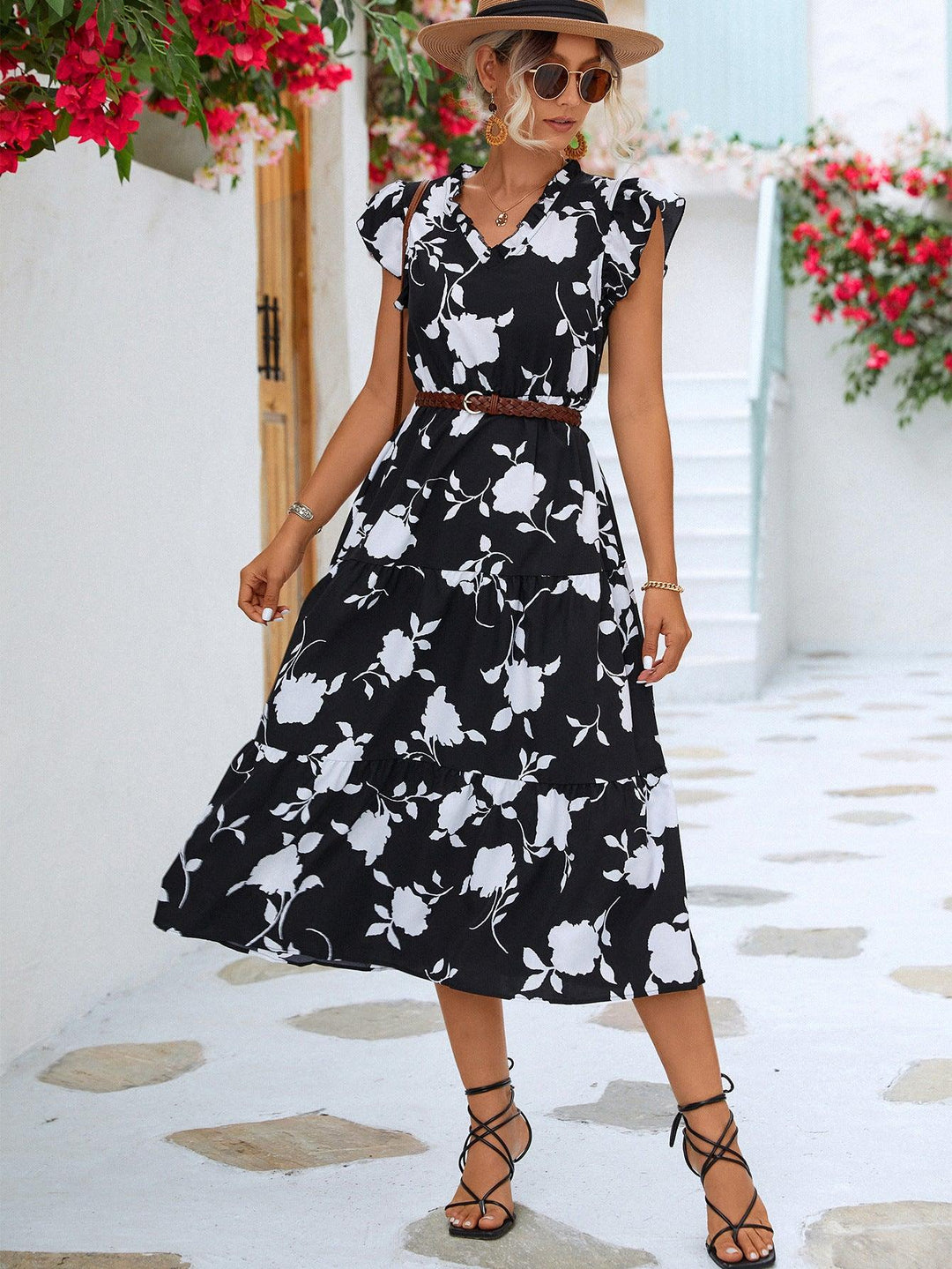 Floral Frill Trim V-Neck Tiered Midi Dress - BELLATRENDZ