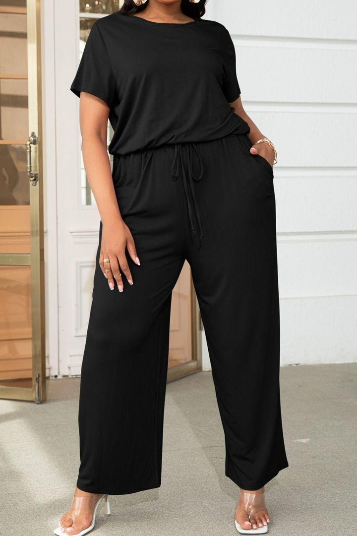 Plus Size Drawstring Waist Short Sleeve Jumpsuit - BELLATRENDZ