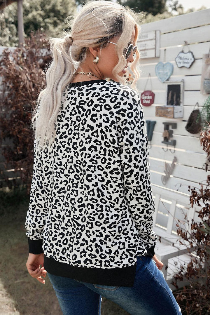 Leopard Contrast Trim Side Slit Sweatshirt - BELLATRENDZ