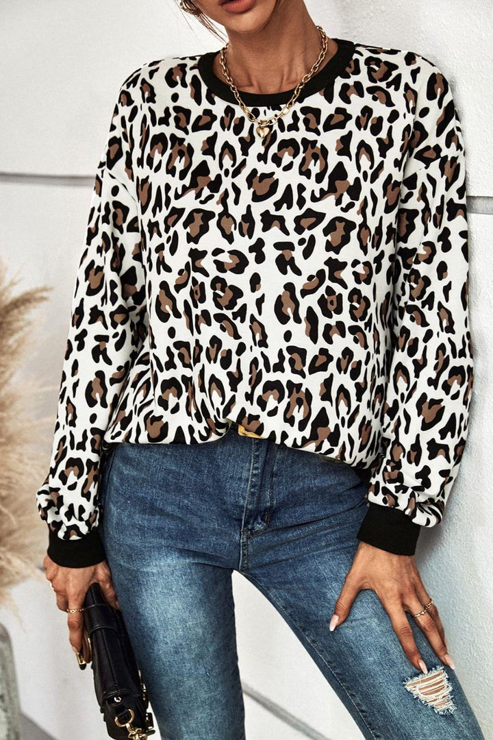 Leopard Round Neck Dropped Shoulder Sweatshirt - BELLATRENDZ