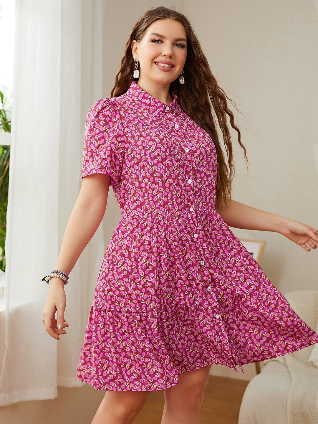 Plus Size Printed Short Sleeve Collared Dress - BELLATRENDZ