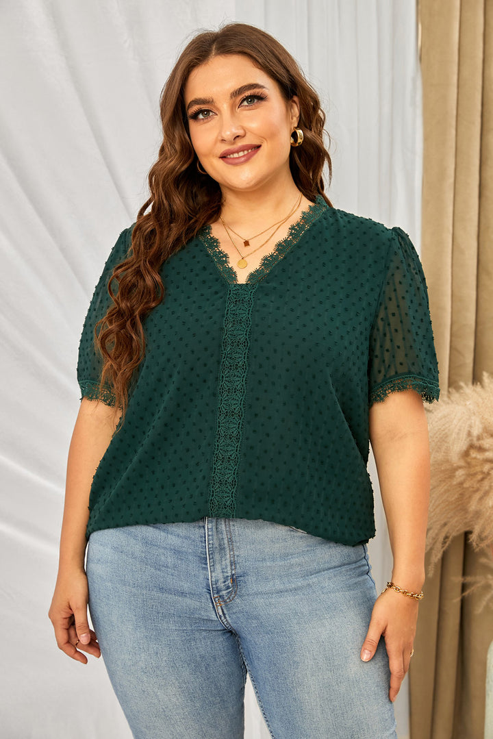 Plus Size Swiss Dot Spliced Lace V-Neck Blouse