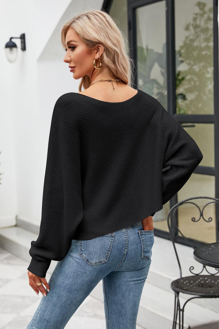 Boat Neck Horizontal Ribbing Dolman Sleeve Sweater - BELLATRENDZ