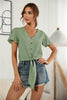 Decorative Button V-Neck Tied Blouse - BELLATRENDZ