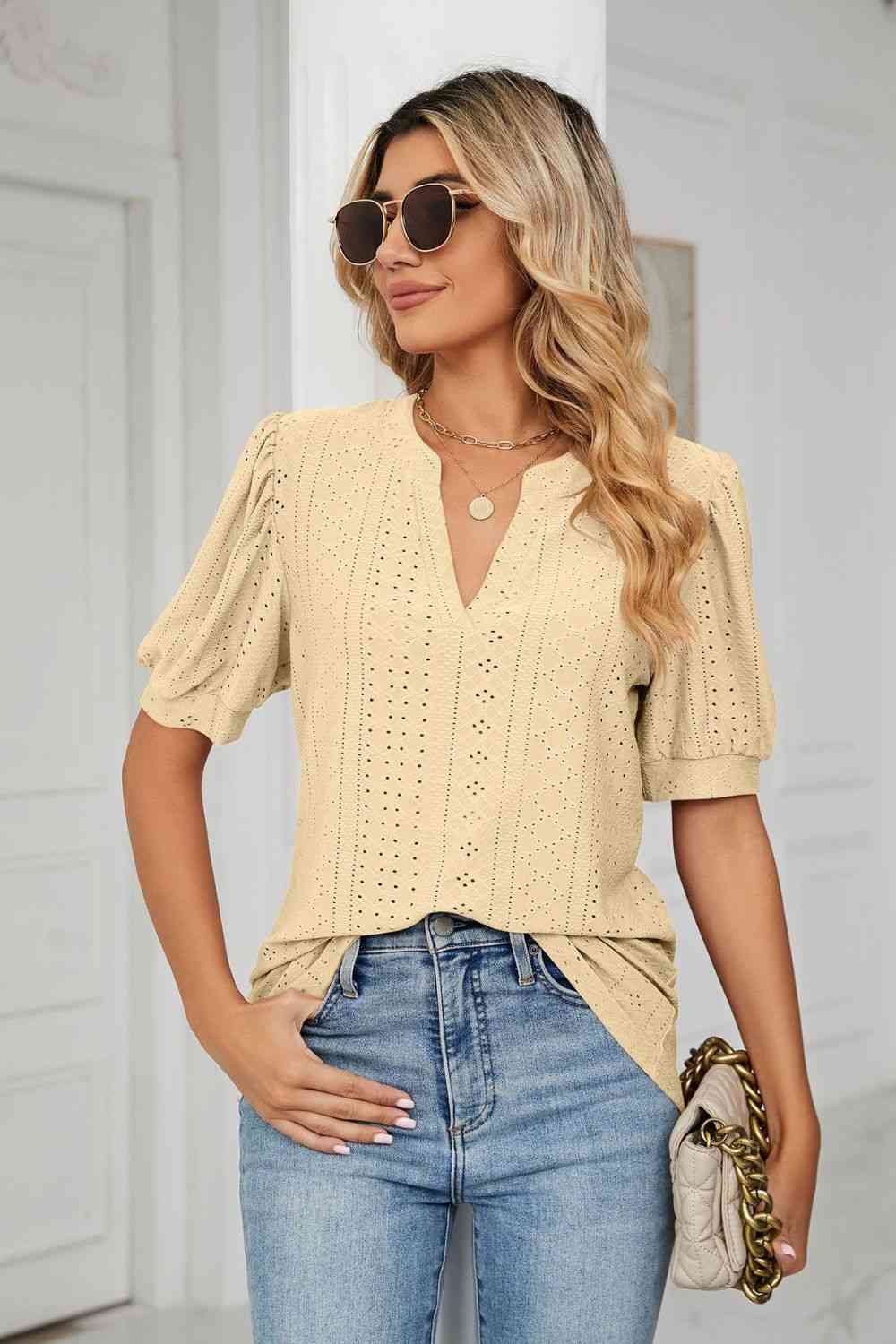 Eyelet Short Puff Sleeve Notched Neck Top