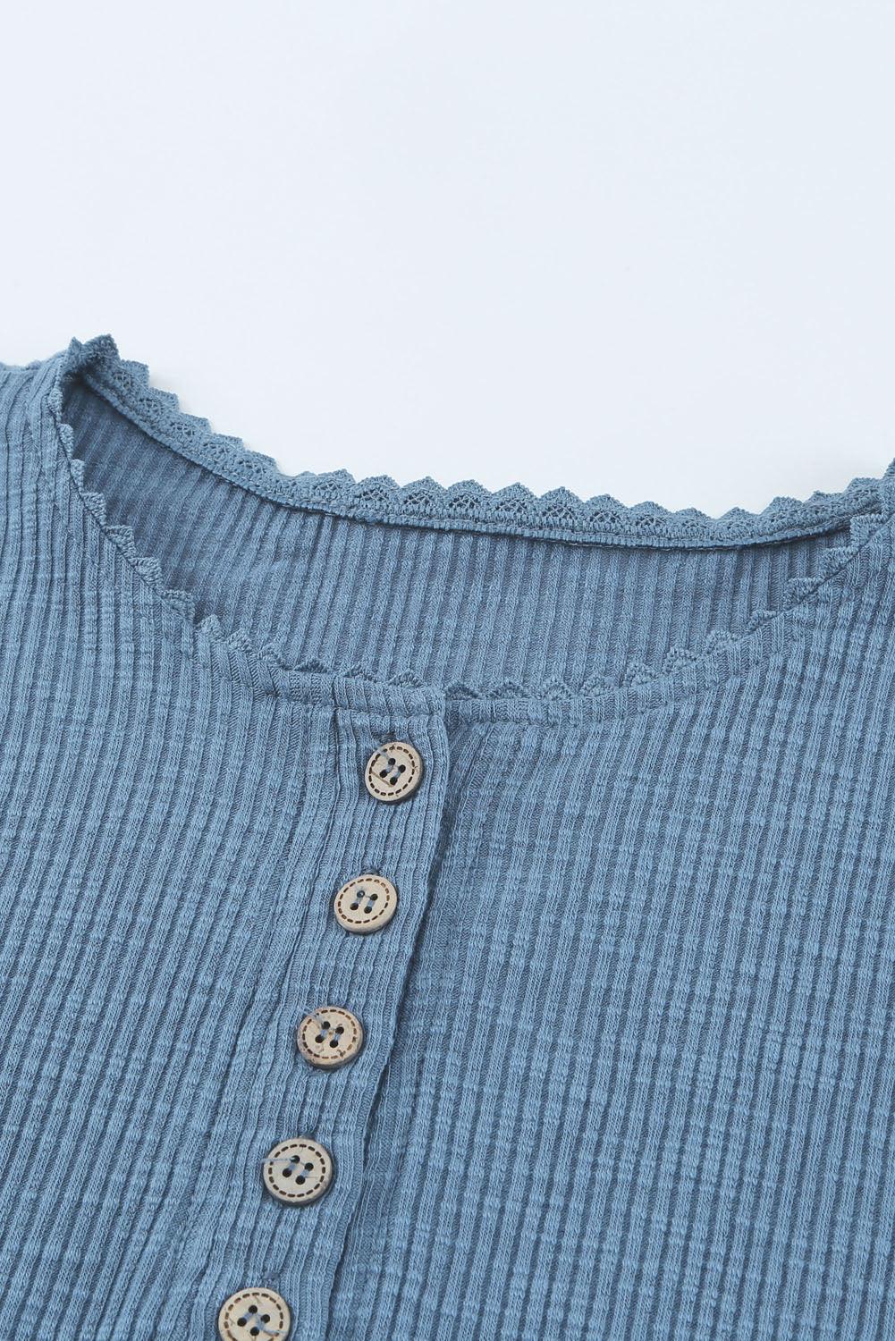 Crochet Lace Hem Sleeve Button Top - BELLATRENDZ