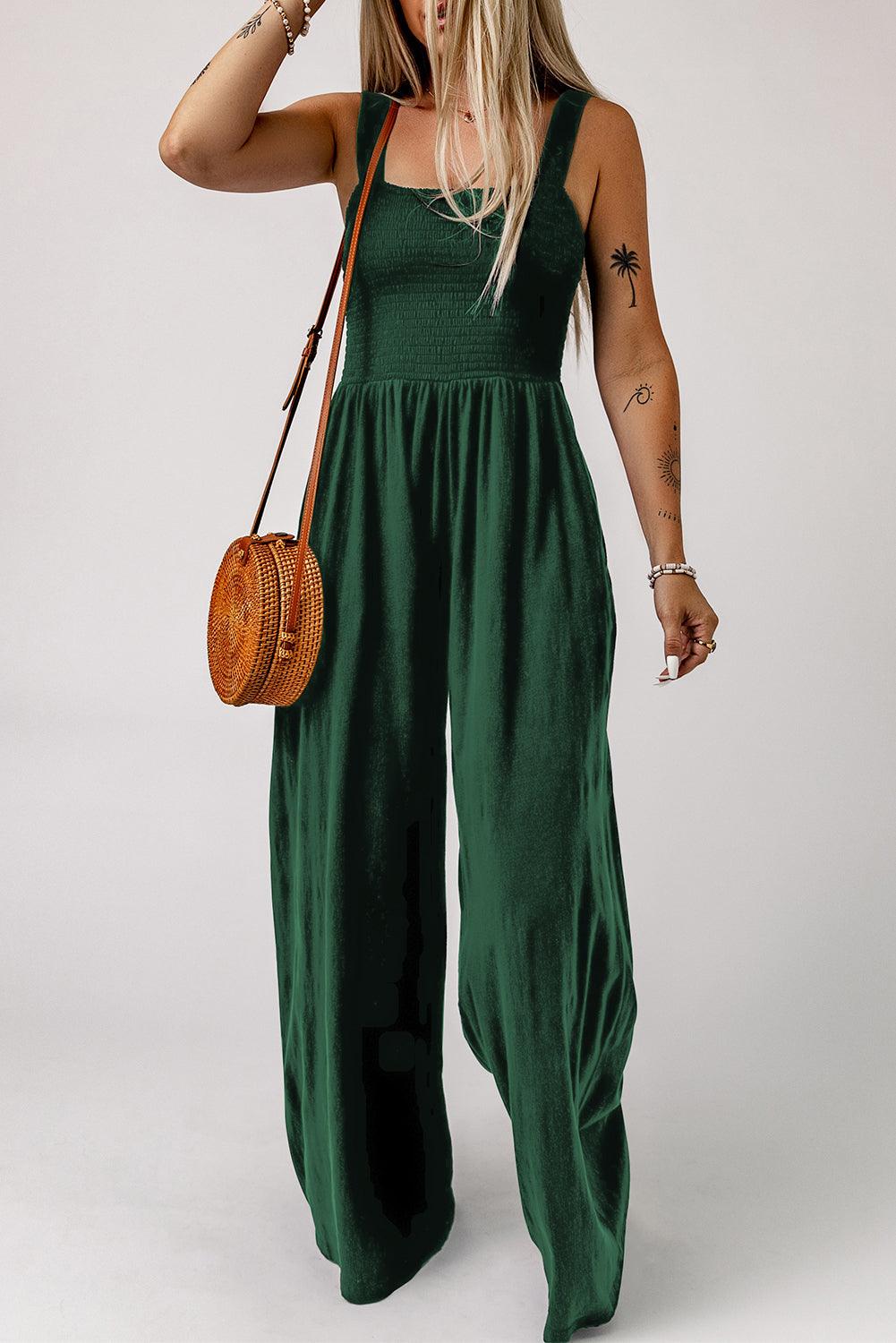 Smocked Square Neck Wide Leg Jumpsuit with Pockets - BELLATRENDZ