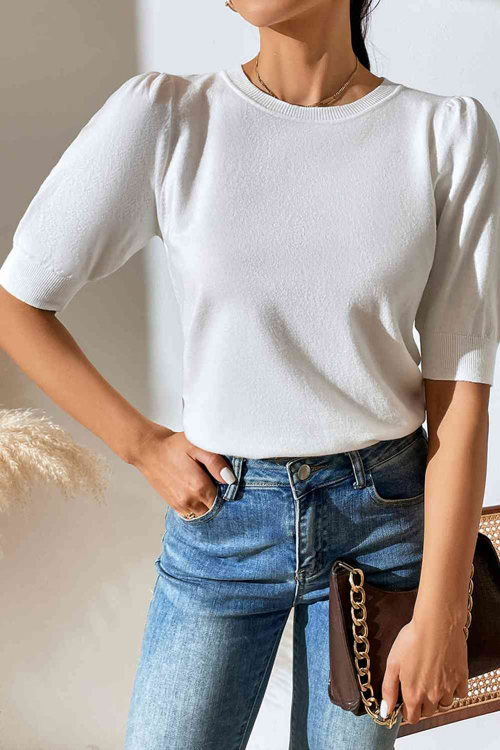 Round Neck Puff Sleeve Knit Top