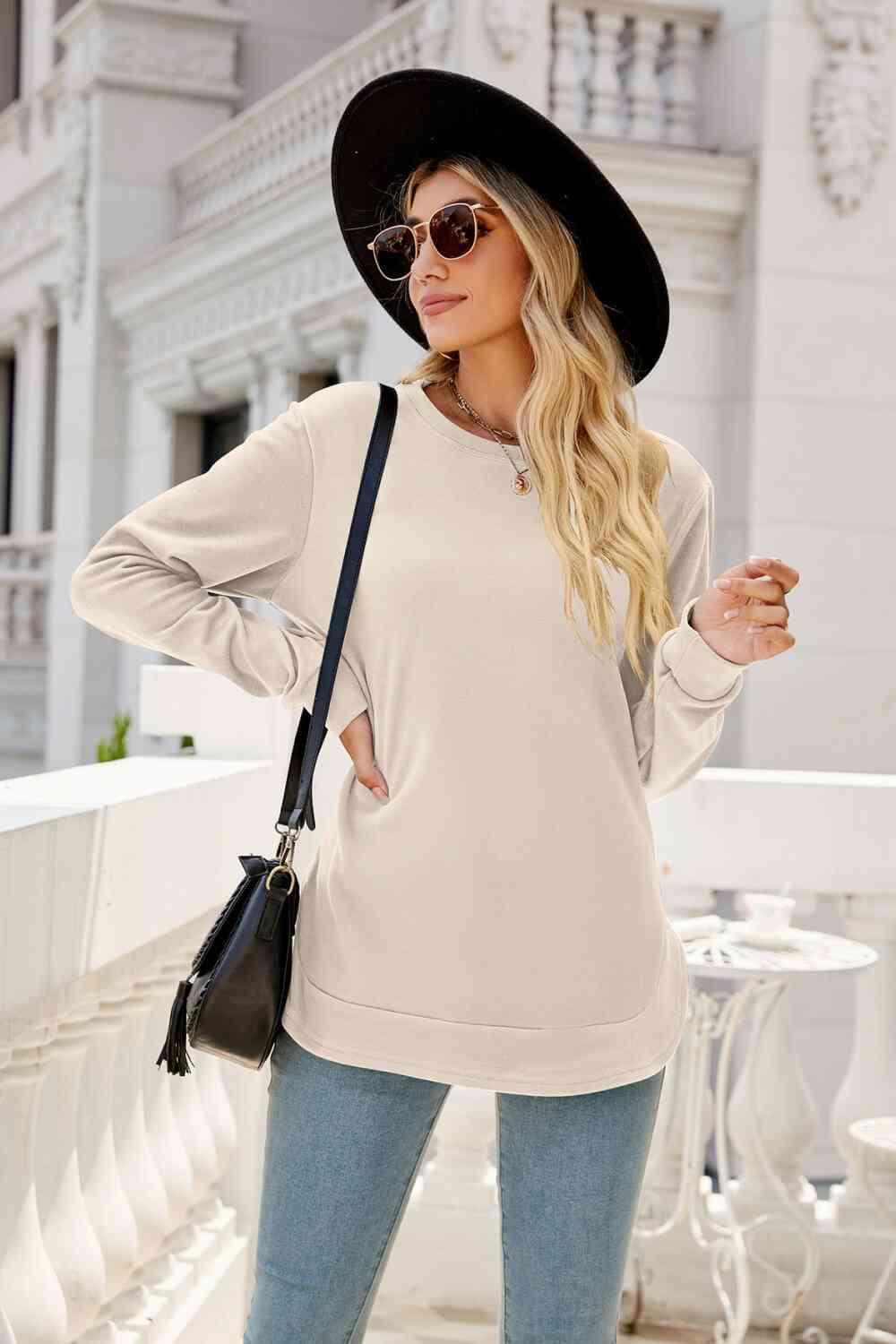 Round Neck Slit Tunic Top