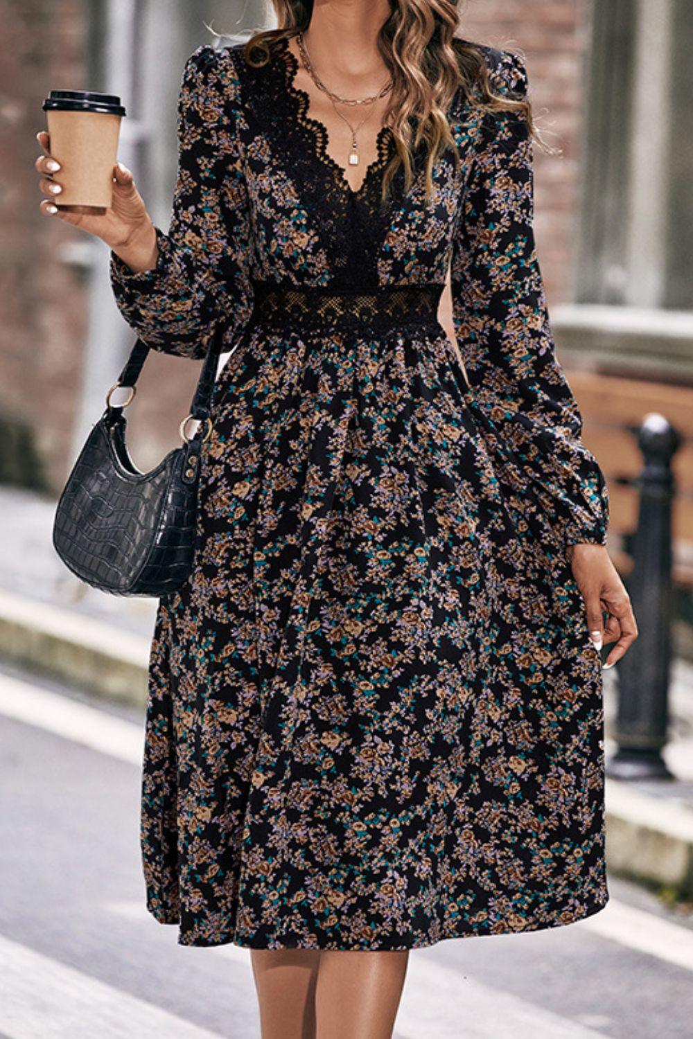 Floral Spliced Lace V-Neck Dress - BELLATRENDZ