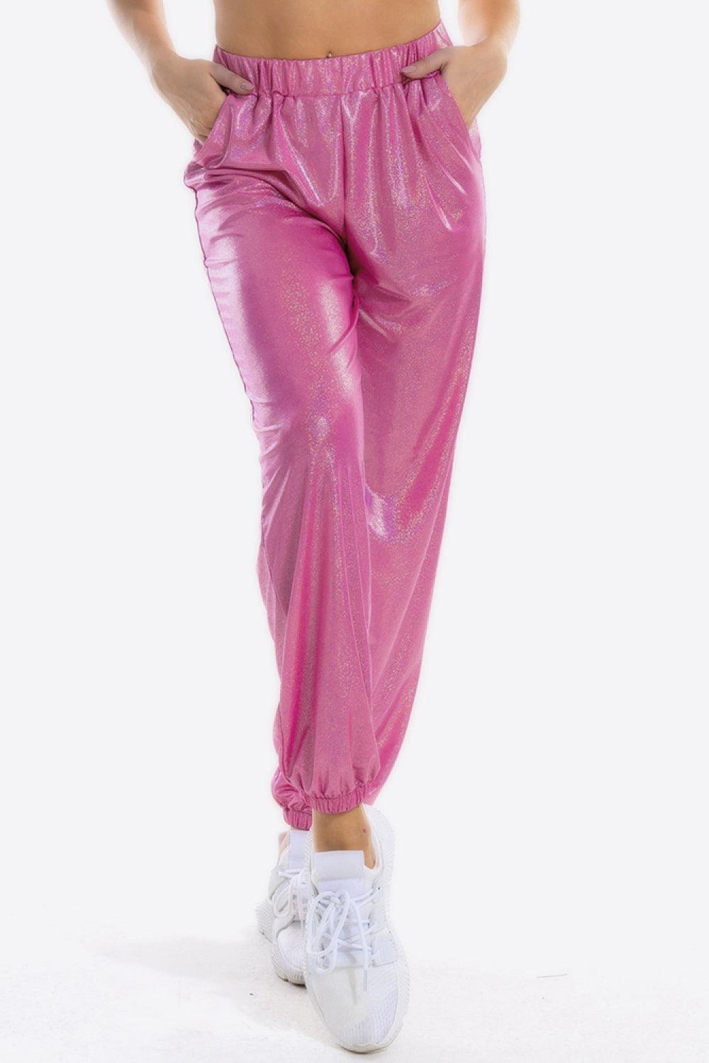 Glitter Elastic Waist Pants with Pockets - BELLATRENDZ