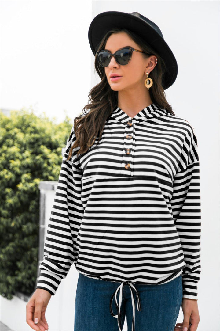 Striped Half-Button Dropped Shoulder Hoodie - BELLATRENDZ