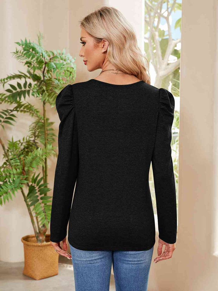 Buttoned Round Neck Puff Sleeve T-Shirt