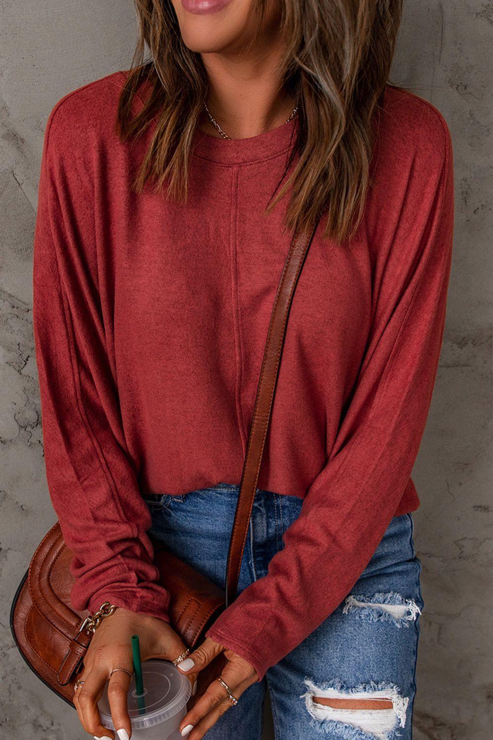 Seam Detail Round Neck Long Sleeve Top - BELLATRENDZ