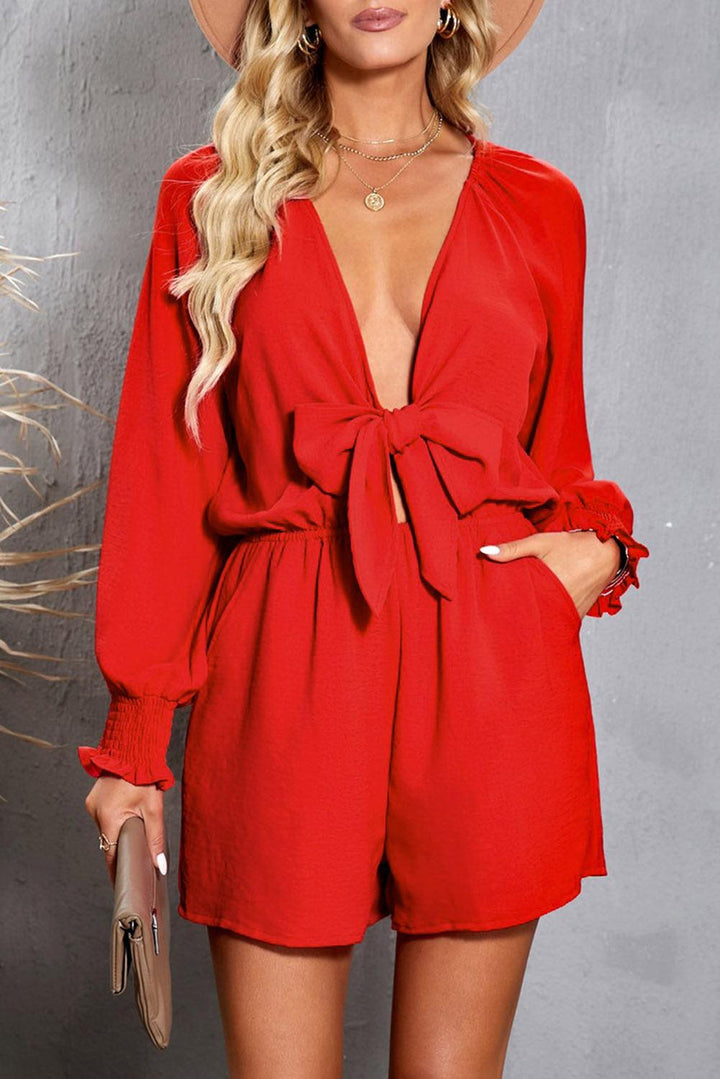 Tied Flounce Sleeve Plunge Romper - BELLATRENDZ