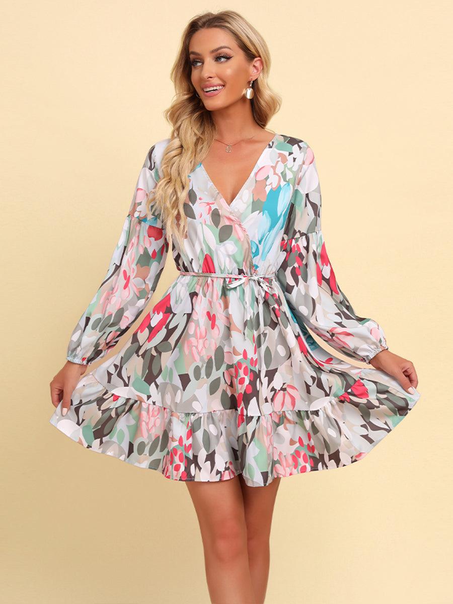 Full Size Printed Tie-Waist Puff Sleeve Surplice Dress - BELLATRENDZ