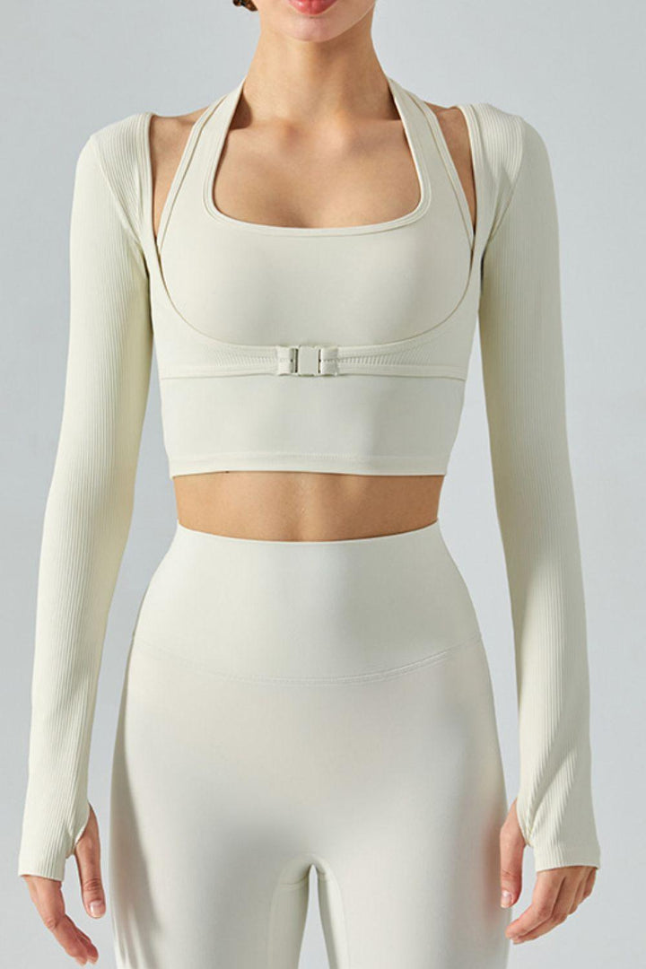Ribbed Faux Layered Halter Neck Cropped Sports Top - BELLATRENDZ