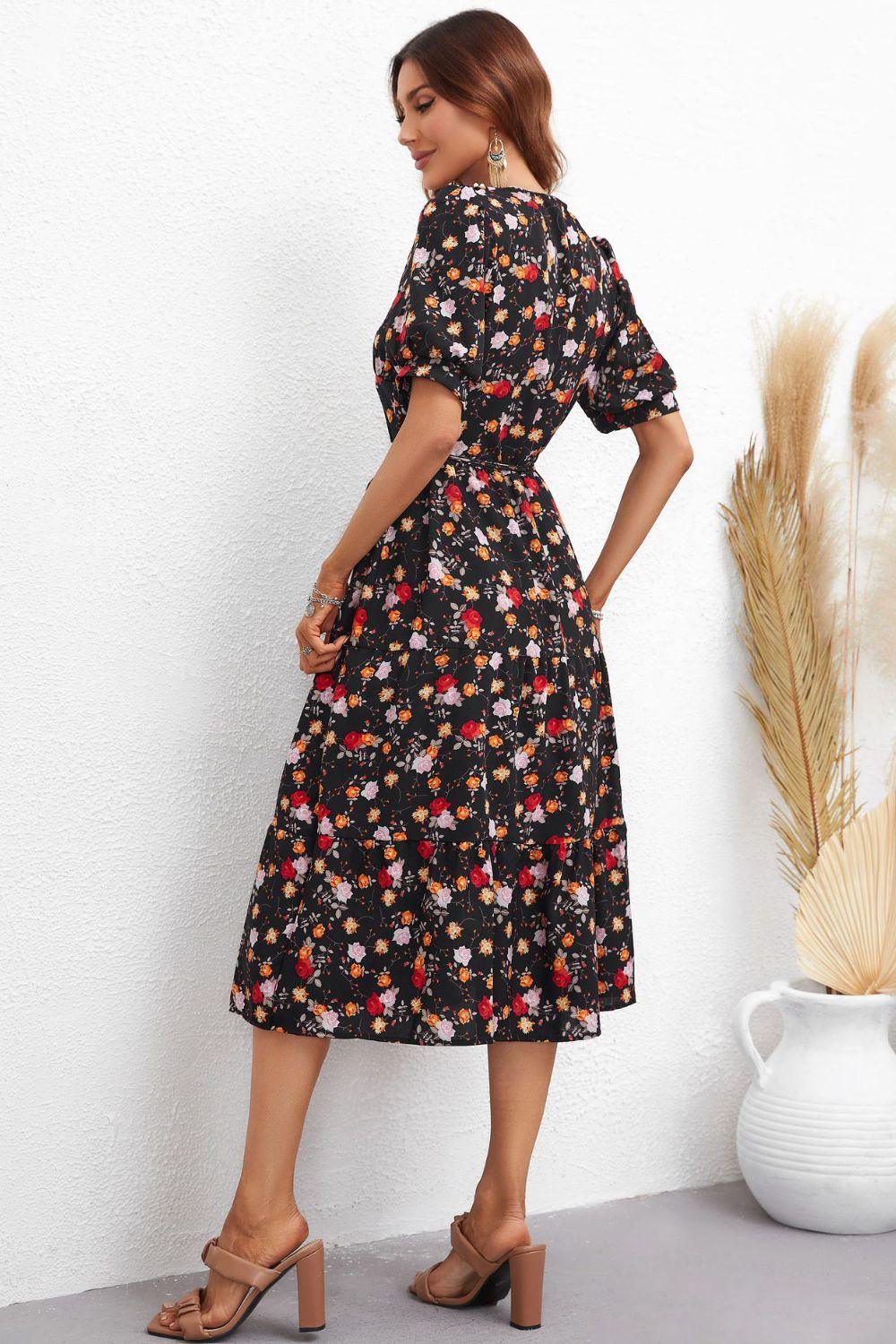 Floral Collared Neck Puff Sleeve Dress - BELLATRENDZ