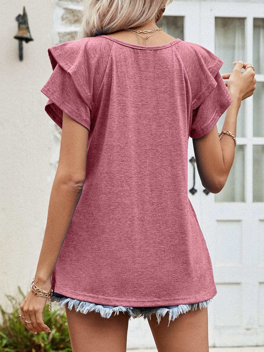 Layered Flutter Sleeve V-Neck Top - BELLATRENDZ