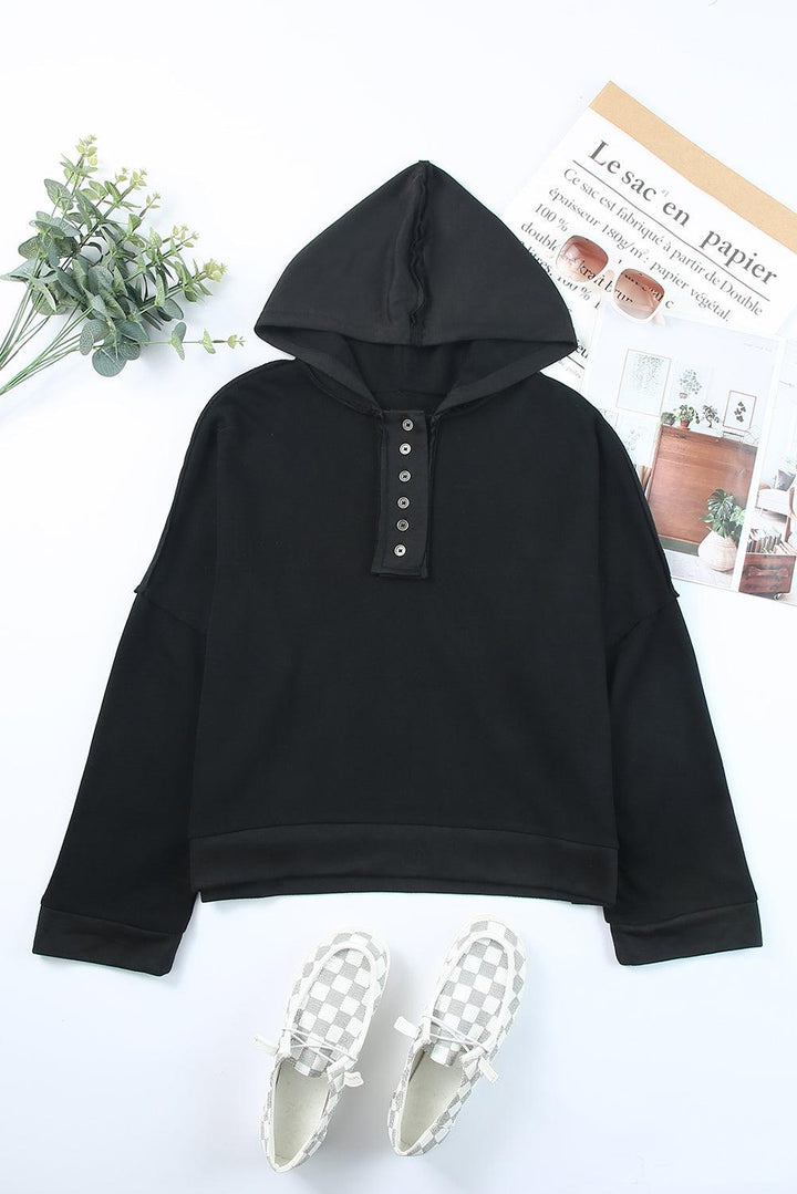 Quarter-Button Exposed Seam Dropped Shoulder Hoodie - BELLATRENDZ